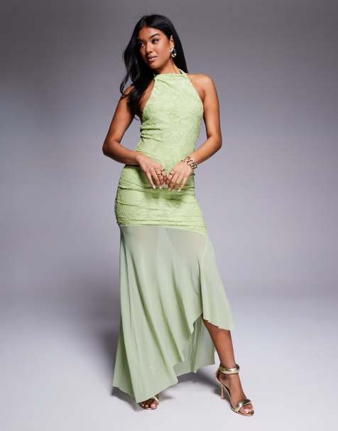 ASOS DESIGN highneck maxi dress with sheer skirt in green - view 1