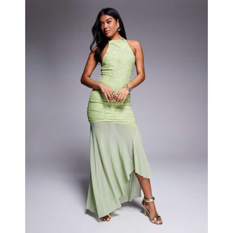 ASOS DESIGN highneck maxi dress with sheer skirt in green | ASOS