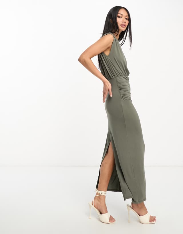 ASOS DESIGN highneck sleeveless blouson midi dress with body-conscious skirt in dark khaki