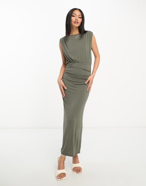 ASOS DESIGN highneck sleeveless blouson midi dress with bodycon skirt in dark khaki