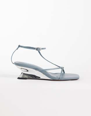 Asos Design Hightide Minimal Strappy Electroplated Wedge Sandals In Blue