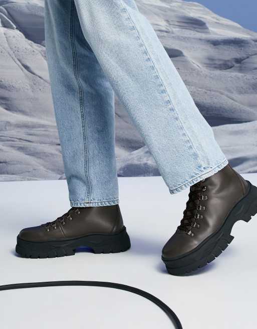 ASOS DESIGN hiker style lace up boots with chunky sole in brown faux leather