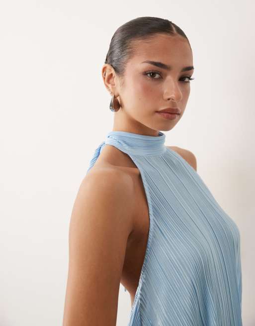 ASOS DESIGN - Himmelblå minikjole med halterneck, flæsekant og plisseringer, 3 af 4