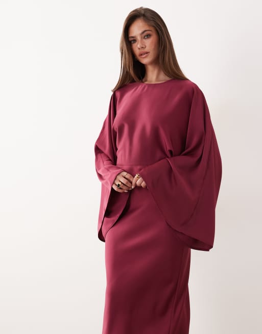 ASOS DESIGN - Hindbærfarvet maxikjole med tekstur, flagermusærmer og asymmetrisk talje i satin, 2 af 4