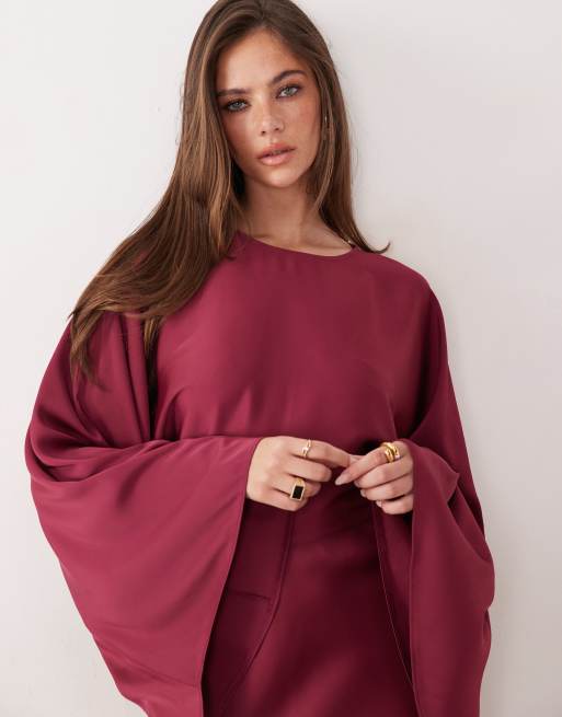 ASOS DESIGN - Hindbærfarvet maxikjole med tekstur, flagermusærmer og asymmetrisk talje i satin, 3 af 4