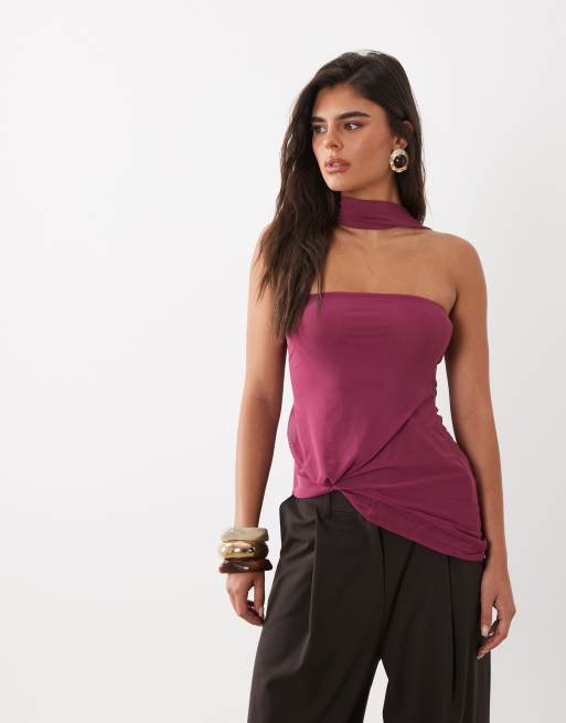 ASOS DESIGN - Hindbærfarvet top i mesh med knudedesign med pufdetalje og tørklæde, 4 af 4