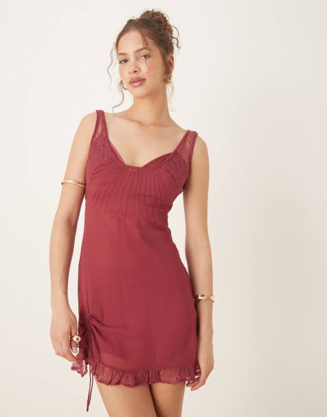 ASOS DESIGN - Hindbærrød minikjole med blonder og rynket kant i chiffon - view 1