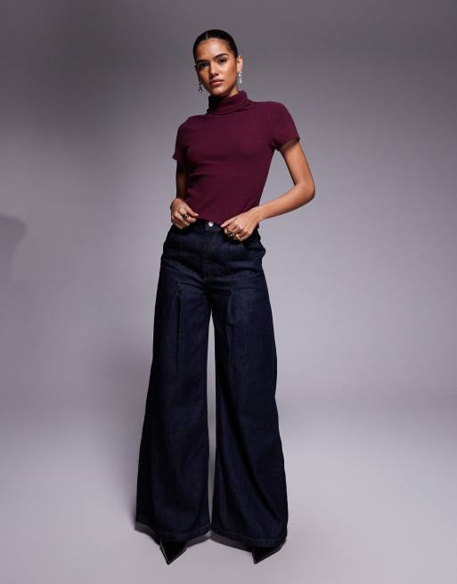 ASOS DESIGN - Hindbærrød overdel med rullekrave og korte ærmer i børstet ribstrik, 2 af 4