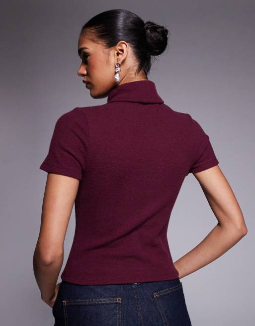 ASOS DESIGN - Hindbærrød overdel med rullekrave og korte ærmer i børstet ribstrik, 3 af 4