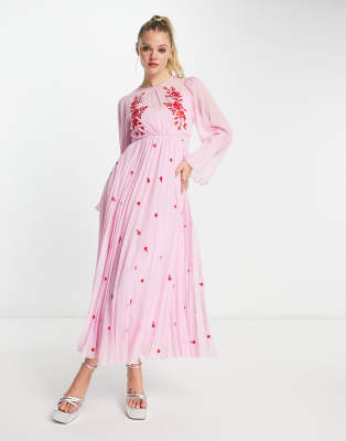 ASOS DESIGN - Hinten gebundenes, langärmliges Midikleid in Rosa mit Faltenrock und roter Stickerei