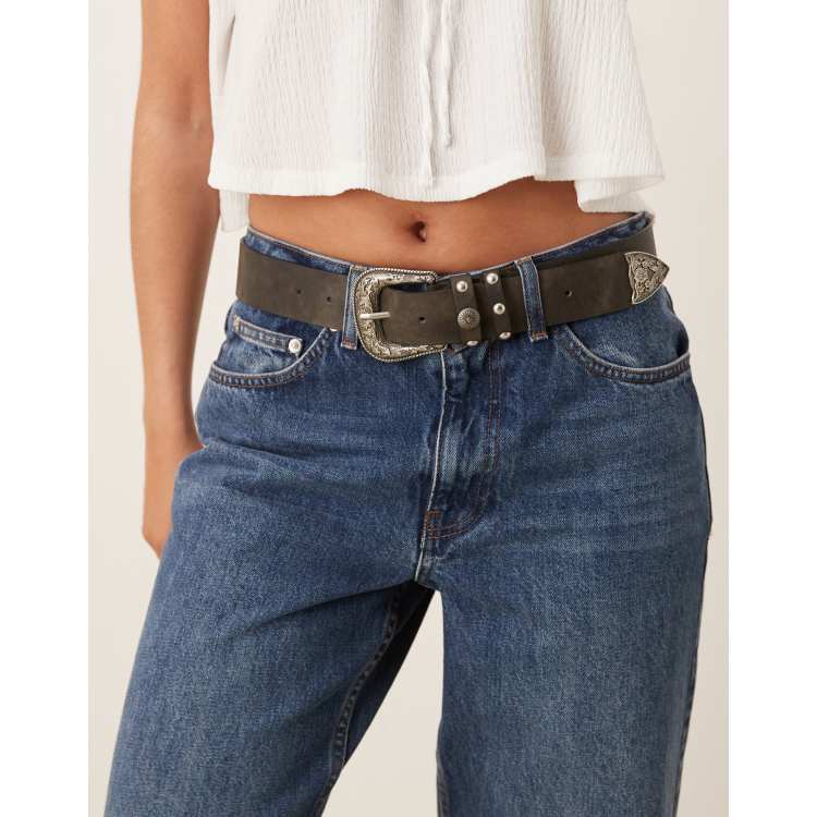 ASOS DESIGN hip and waist belt with silver western buckle