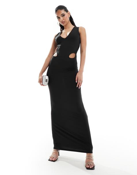 Black high neck asymmetric clearance embroidered trim maxi dress