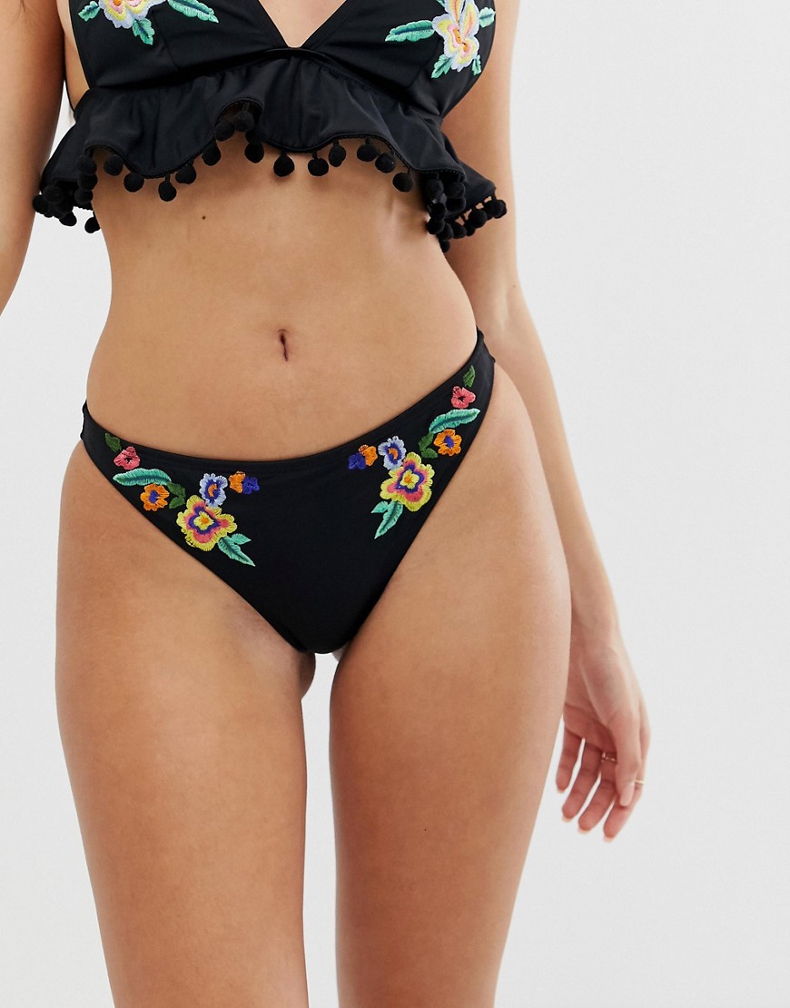 ASOS DESIGN - Hipster bikinibroekje versierd met bloemen-Zwart