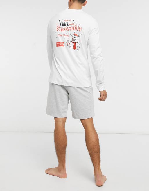 ASOS DESIGN his and hers Christmas lounge long sleeve T shirt and shorts pajama set with snowman print