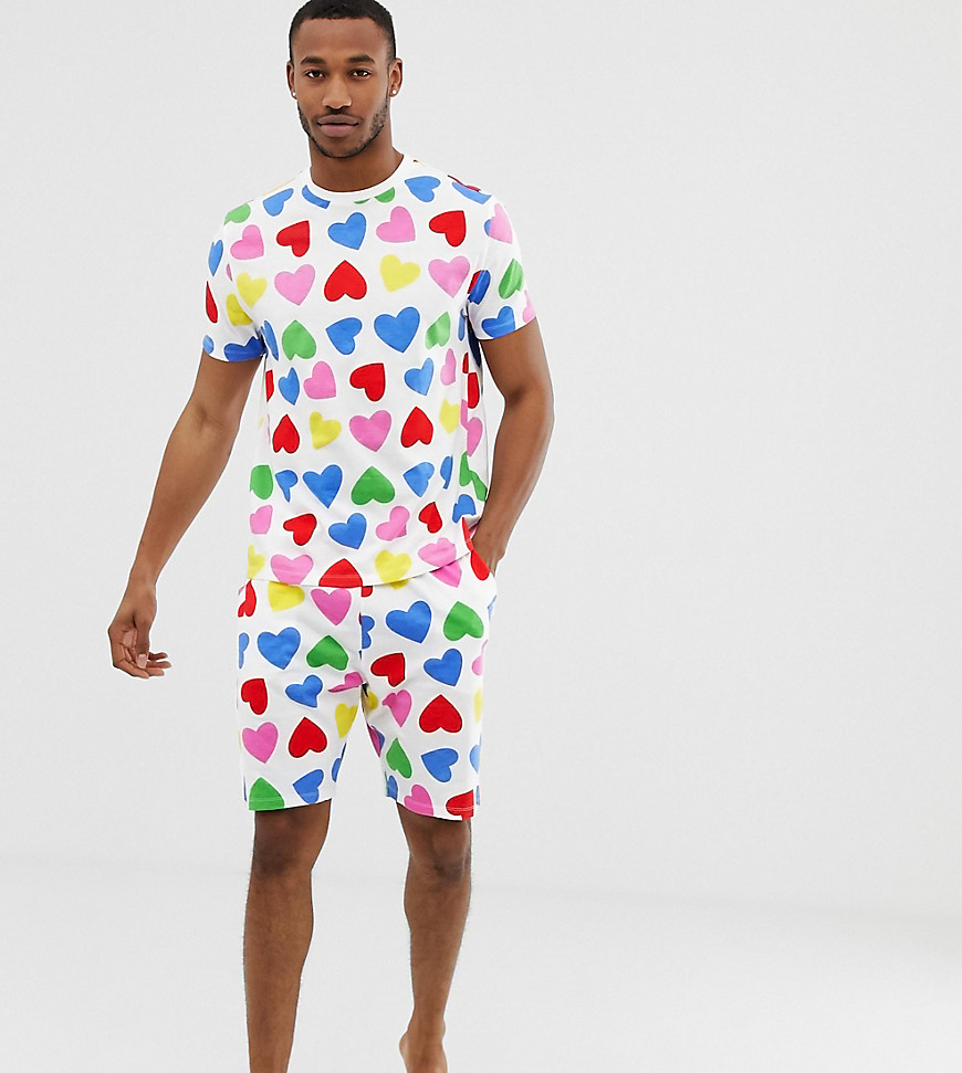 ASOS DESIGN – Hjärtmönstrat pyjamasset i regnbågsfärger-Vit