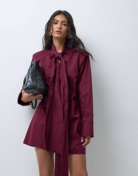 ASOS DESIGN højhalset langærmet minikjole med stor sløjledetalje bagpå i bordeaux - view 1