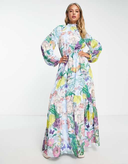 ASOS DESIGN - Højhalset maxikjole i jacquard med store ærmer og sommerfugle- og blomstermønster