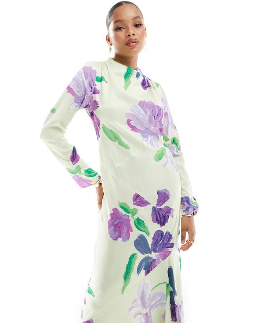 ASOS DESIGN - Højhalset maxikjole med sømdetaljer og stort blomstermønster i satin