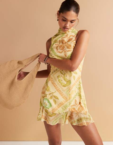 ASOS DESIGN - Højhalset minikjole i chiffon med tropisk print og vandfaldsudskæring på ryggen - view 1