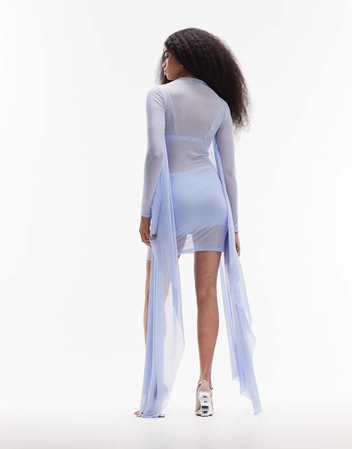 ASOS DESIGN - Højhalset minikjole med flagrende ærmer i lyseblå mesh, 5 af 5