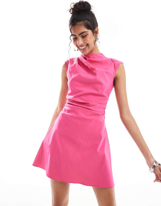 ASOS DESIGN - Højhalset minikjole uden ærmer med rynkedetaljer i magenta bengalin