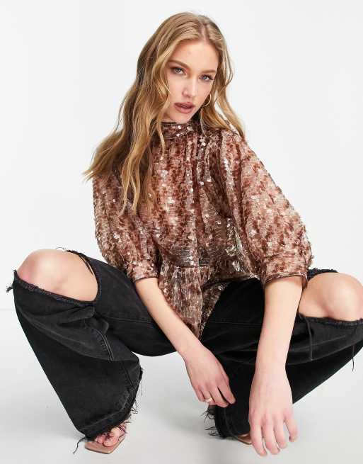 ASOS DESIGN - Højhalset peplum-top i champagnefarvede pailletter