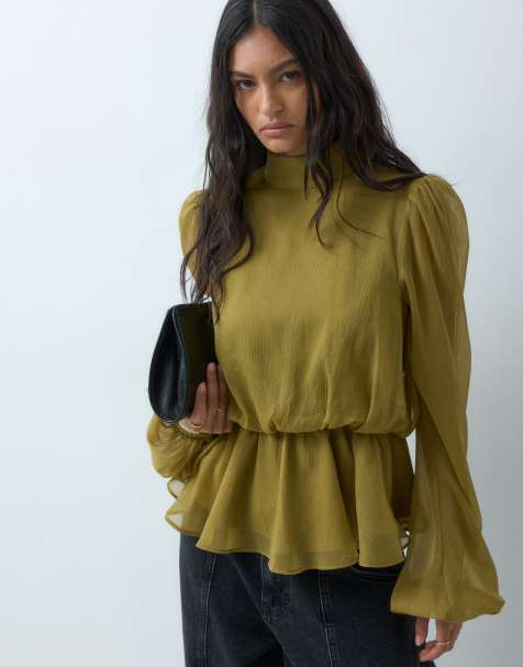 ASOS DESIGN højhalset peplum-top i ecru og oliven - view 1