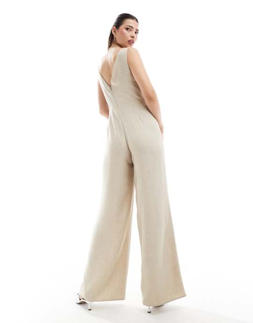 ASOS DESIGN - Højhalset sandfarvet jumpsuit med knapper i siden og brede ben, 4 af 4