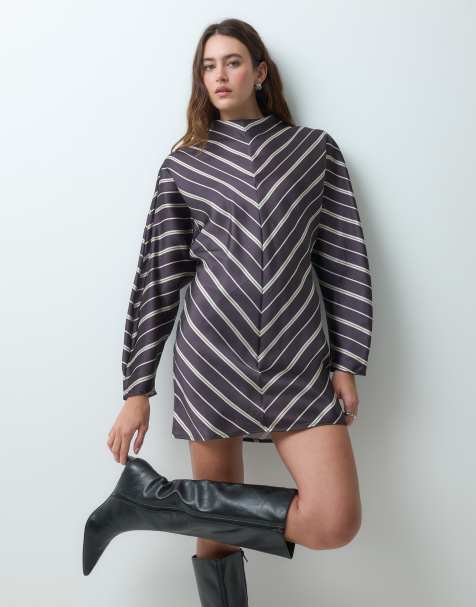 ASOS DESIGN højhalset satin minismock-kjole med striber - view 1