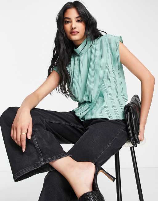 ASOS DESIGN - Højhalset slå-om-top med plissering i salviegrøn