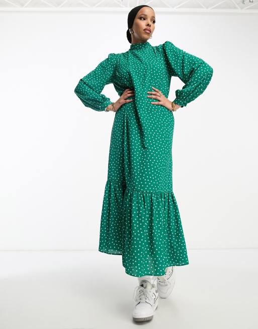 ASOS DESIGN - Højhalset smock-maxikjole med prikker i grøn