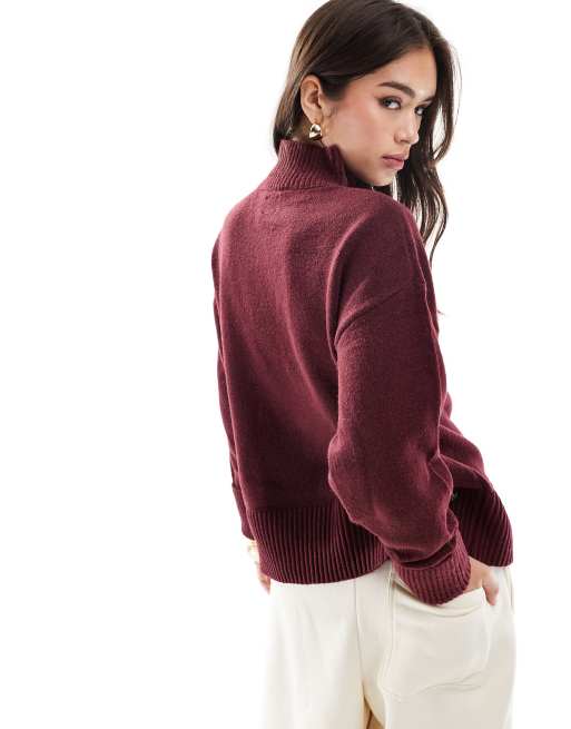 ASOS DESIGN - Højhalset trøje med ærmekanter med opsmøg i bordeaux strik, 4 af 4
