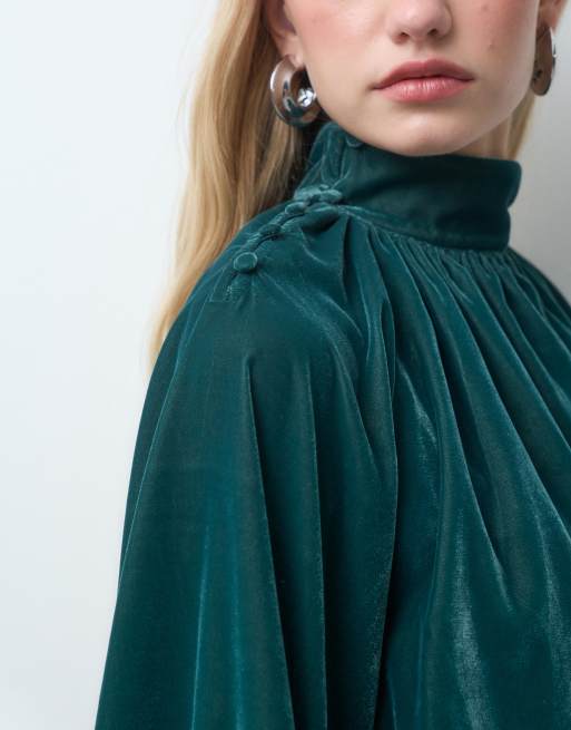ASOS DESIGN højhalset velour maxikjole i petroleumsblå, 3 af 4