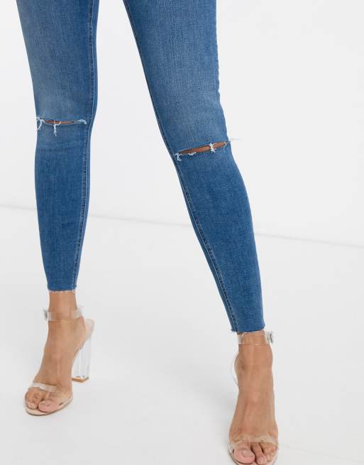 ASOS DESIGN - Højtaljede ridley skinny-jeans i mid-blue med huller, 3 af 4