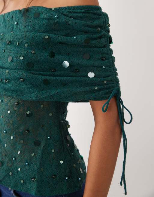 ASOS DESIGN hæklet bardot-top med pynt i teal, 3 af 4