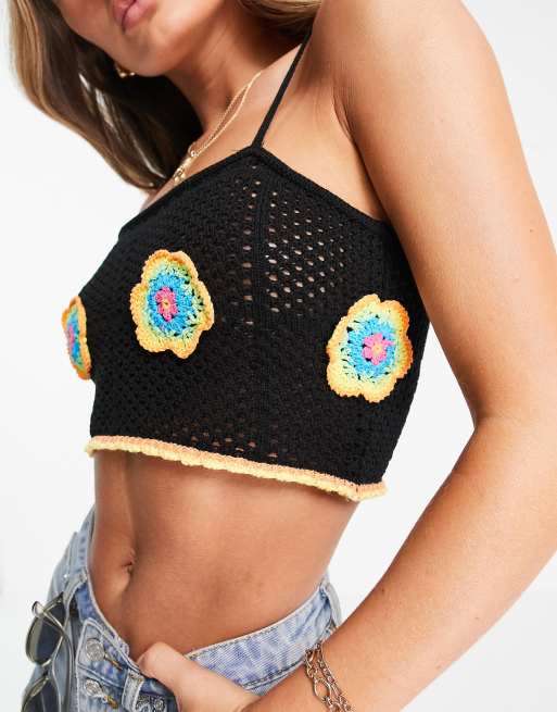 ASOS DESIGN - Hæklet bralette med blomsterdetaljer i sort - Del af sæt
