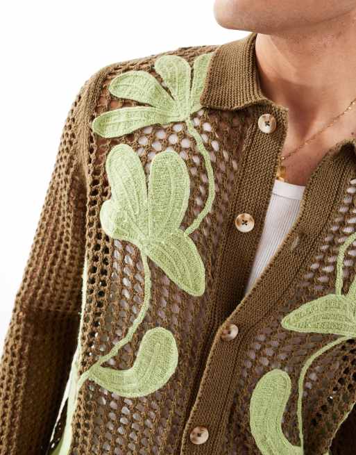 ASOS DESIGN - Hæklet cardigan med knapper, krave og blomsterbroderier i kakigrøn, 3 af 4