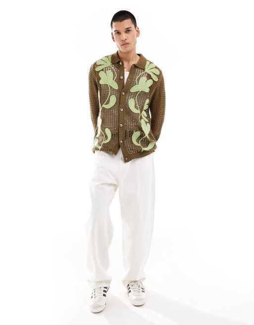 ASOS DESIGN - Hæklet cardigan med knapper, krave og blomsterbroderier i kakigrøn, 4 af 4