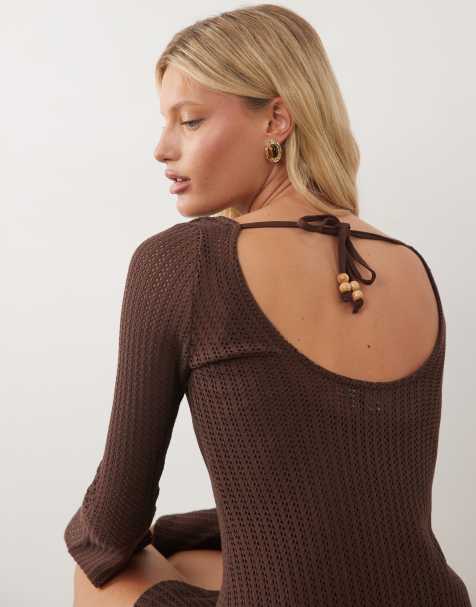 ASOS DESIGN hæklet jersey minikjole med lange klokkeærmer i chokolade - view 1