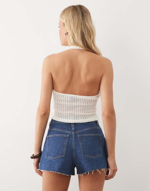 ASOS DESIGN hæklet jerseytop med dyb rund hals i creme som del af sæt, 4 af 4