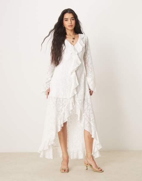 ASOS DESIGN - Hæklet og hvid maxikjole i blondestof med lange ærmer, flæser og længere kant bagpå - view 1
