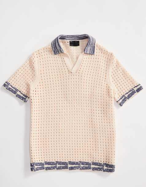 ASOS DESIGN - Hæklet polotrøje med hak i kraven i ecru med kanter i kontrastfarve - view 1