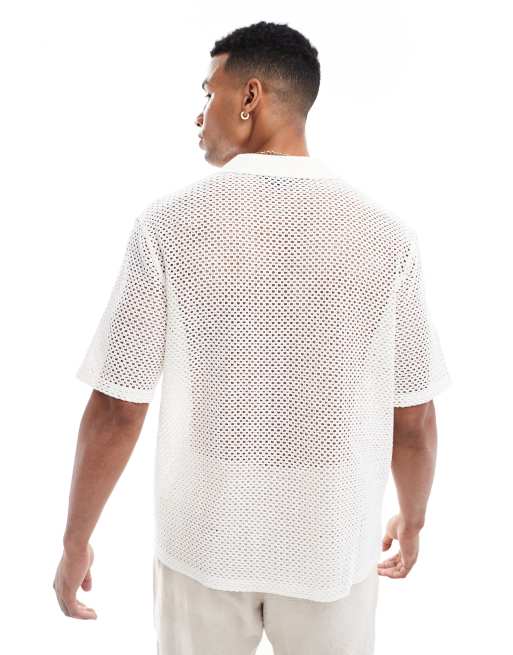 ASOS DESIGN - Hæklet skjorte med afslappet pasform og reverskrave i hvid, 4 af 4