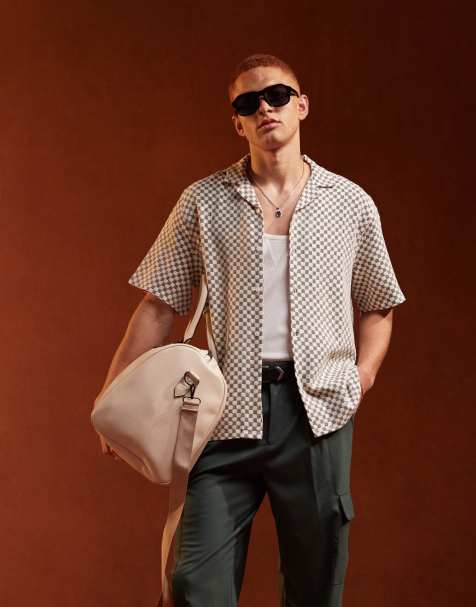 ASOS DESIGN - Hæklet skjorte med reverskrave og sorte og ecrufarvede tern i afslappet pasform - view 1