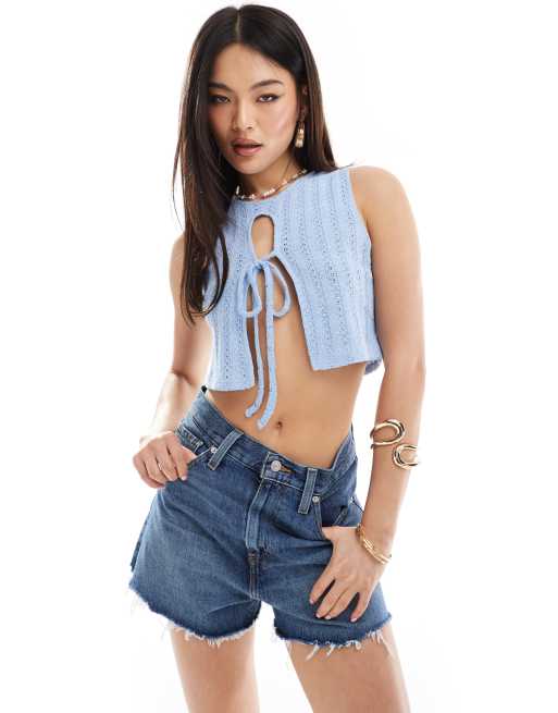 ASOS DESIGN - Hæklet tanktop med bindebånd foran og syede detaljer i blå