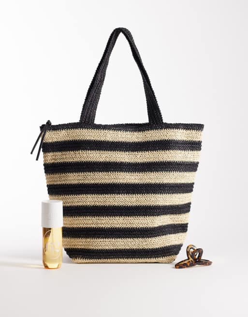 ASOS DESIGN - Hæklet tote-taske med sort/hvide striber, 2 af 4