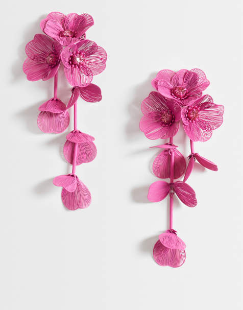 ASOS DESIGN hængeøreringe med 3D-blomstermotiv i klar pink - view 1