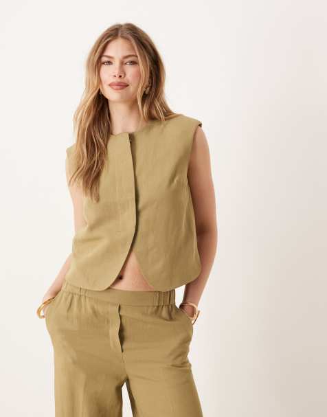 ASOS DESIGN – Hochgeschlossene, kastige Weste in Khaki mit Leinenanteil, Kombiteil - view 1