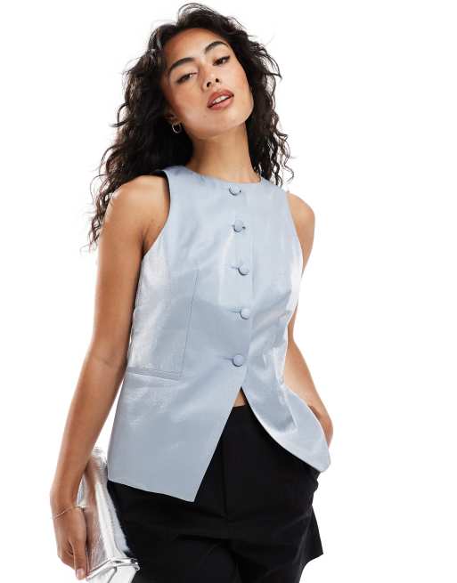 ASOS DESIGN – Hochgeschlossene Weste in Metallic-Blau