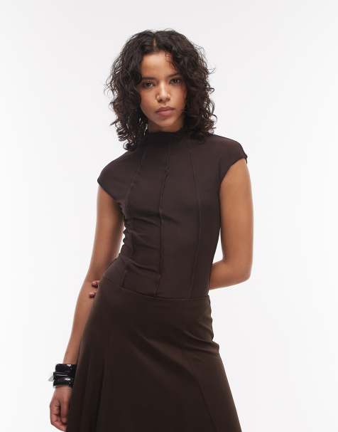 ASOS DESIGN – Hochgeschlossener Body in Schokobraun mit sichtbaren Nähten - view 1